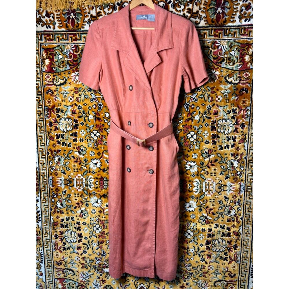 90s Vintage Liz Claiborne Terracotta Linen Double Breasted Shirt Dress Sz 12